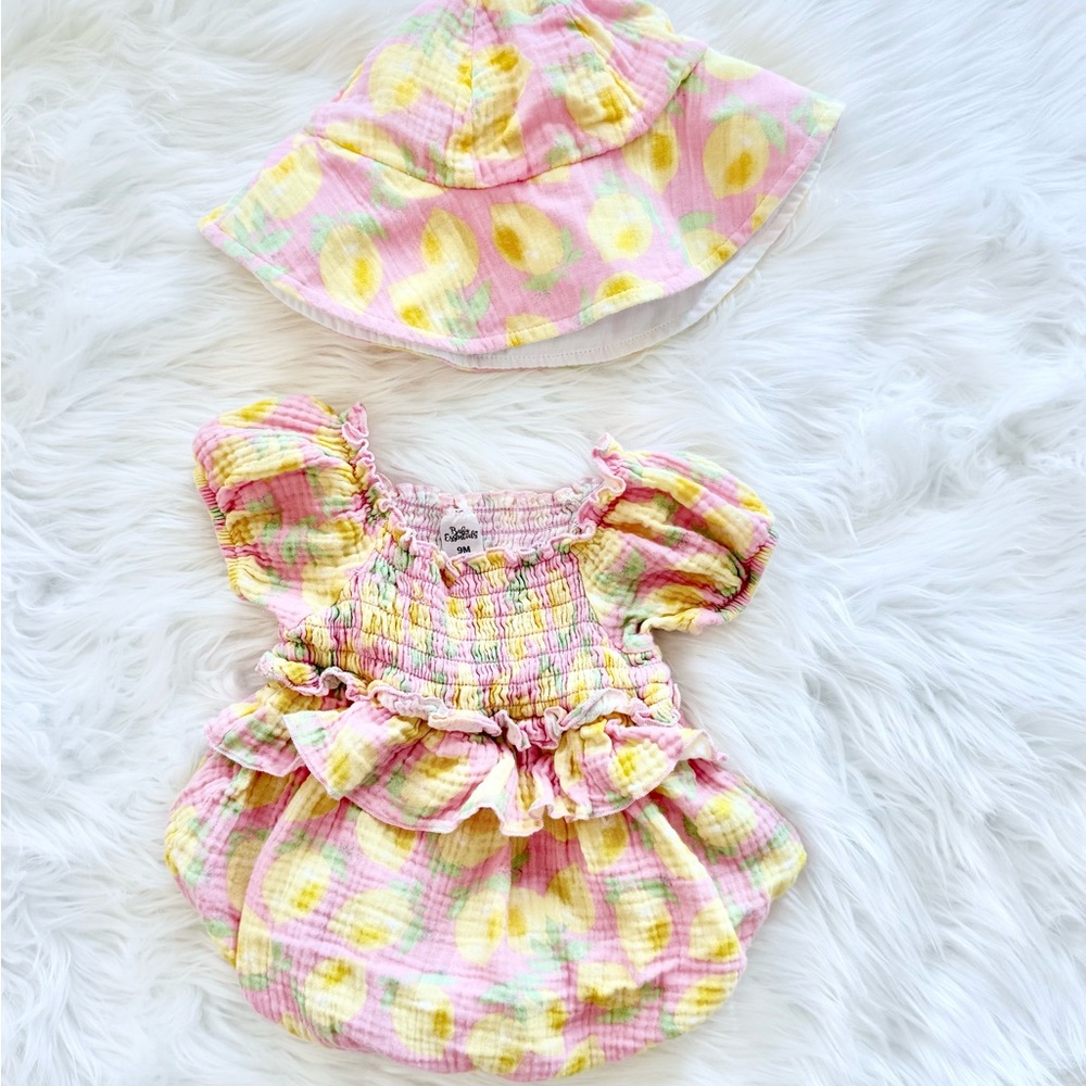 Pink and Yellow Baby romper with Hat 9 months Worn once